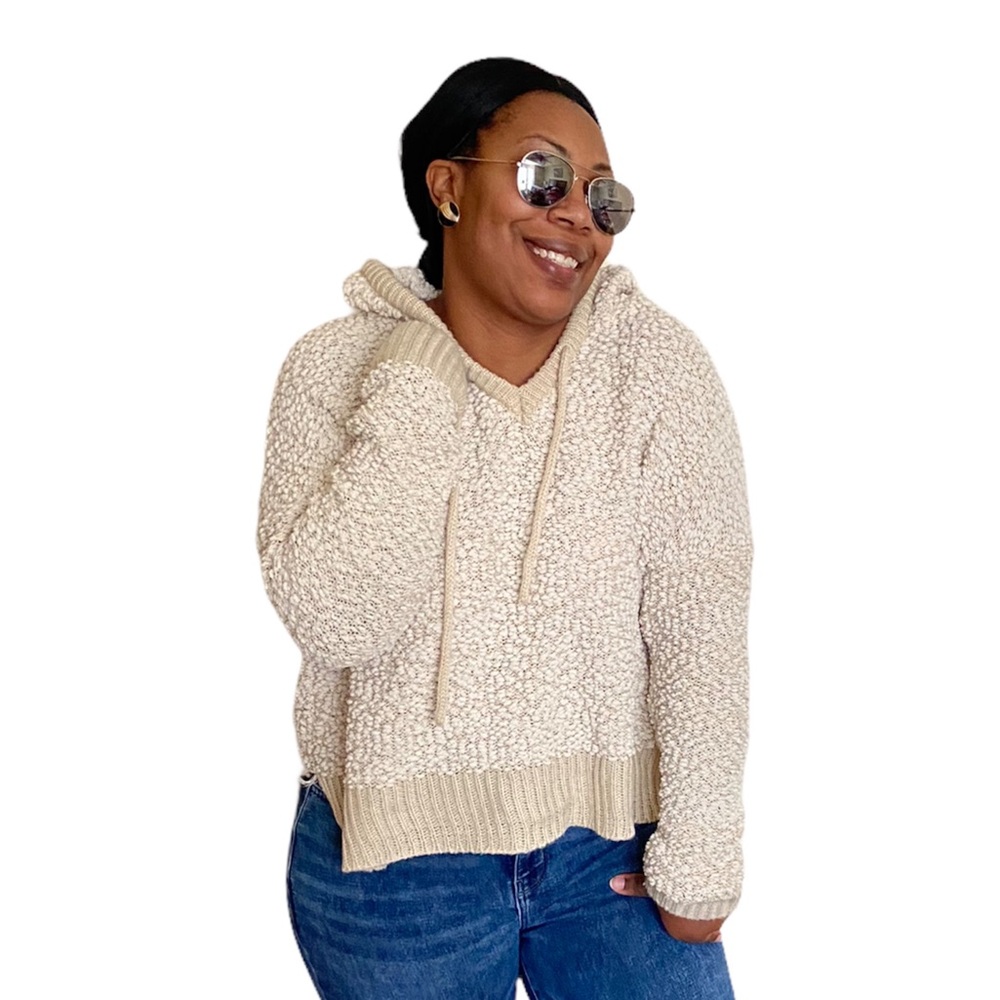 POL Silver Jeans Parker Popcorn Textured Knit High Low Pullover Hoodie